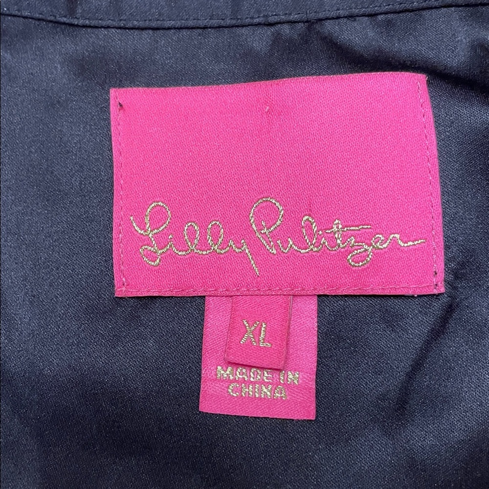 Lilly Pulitzer Winona Silk Dress Size XL Swing Onyx Fish Clip Gold Chiffon Black - Picture 13 of 17